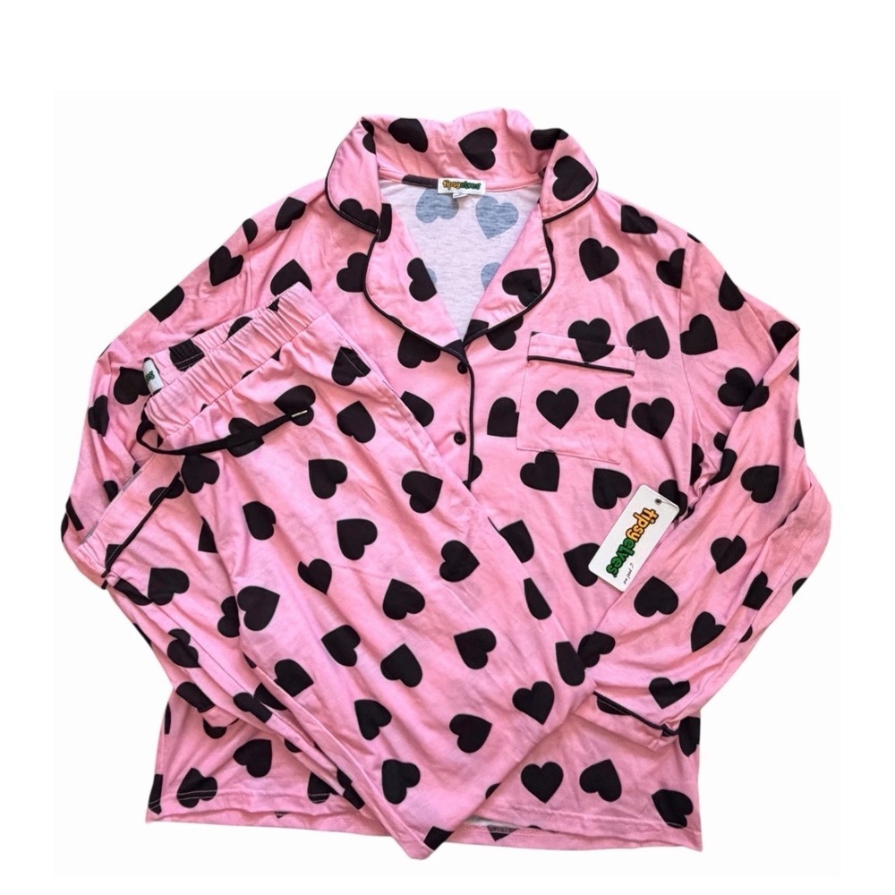 Tipsy Elves Be Mine Collared Pajama Set Pink Black Hearts NWT Large